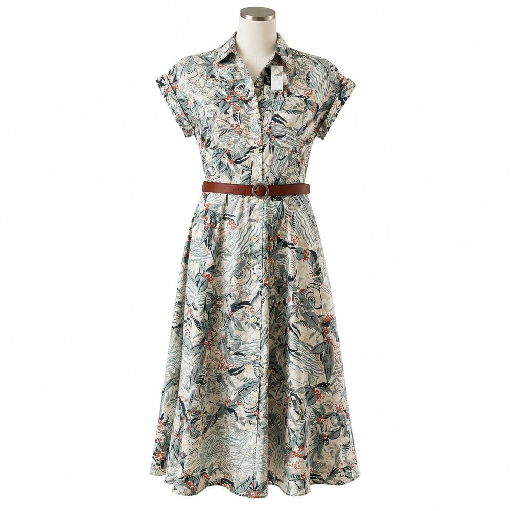 Ralph Lauren Black Label Tropical Print Belted Shirt Dress Size 10 NWT Midi